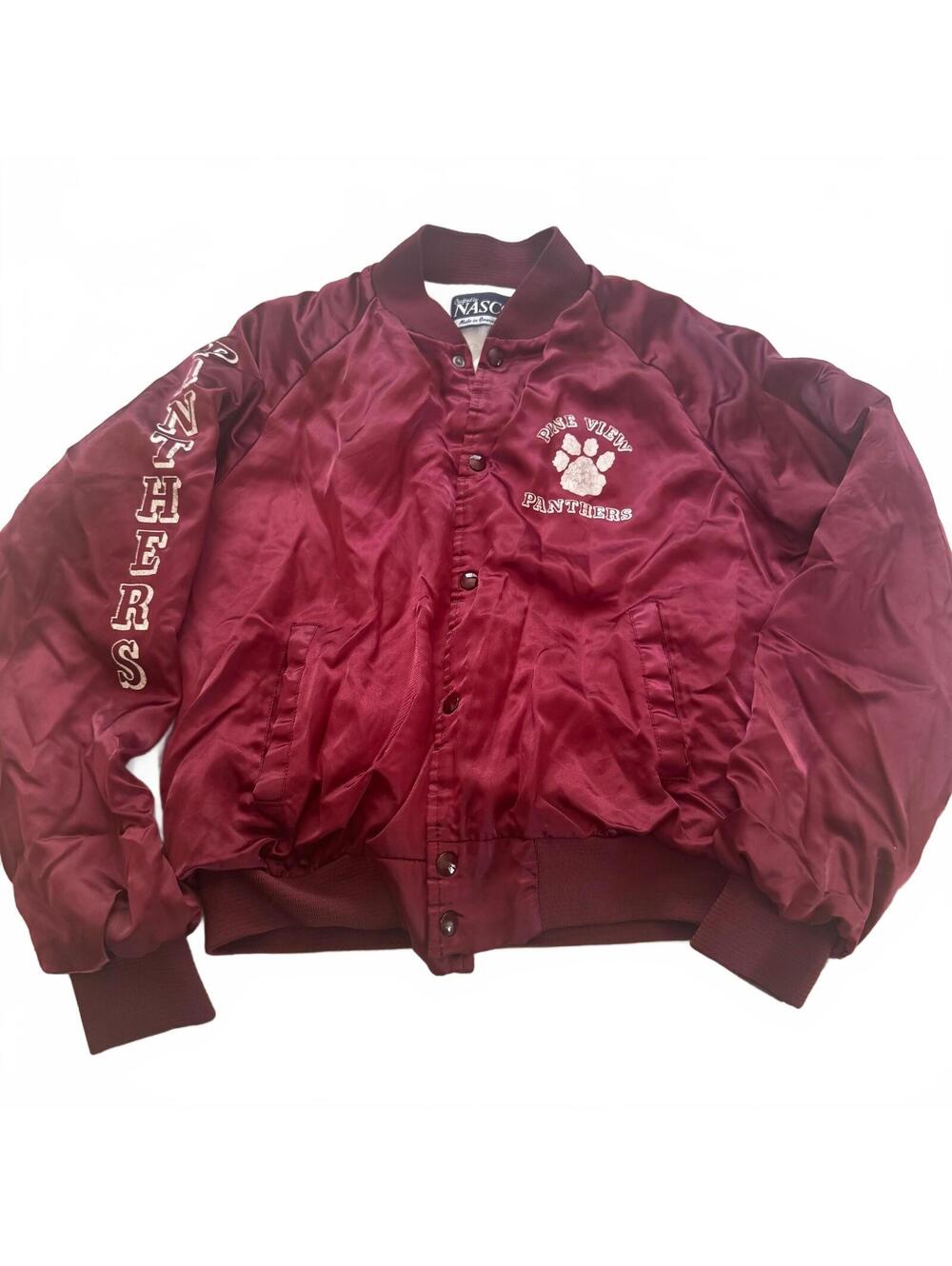 Nasco Pine View Panthers Satin Bomber Jacket Mens Size L Maroon Varsity VTG 90s